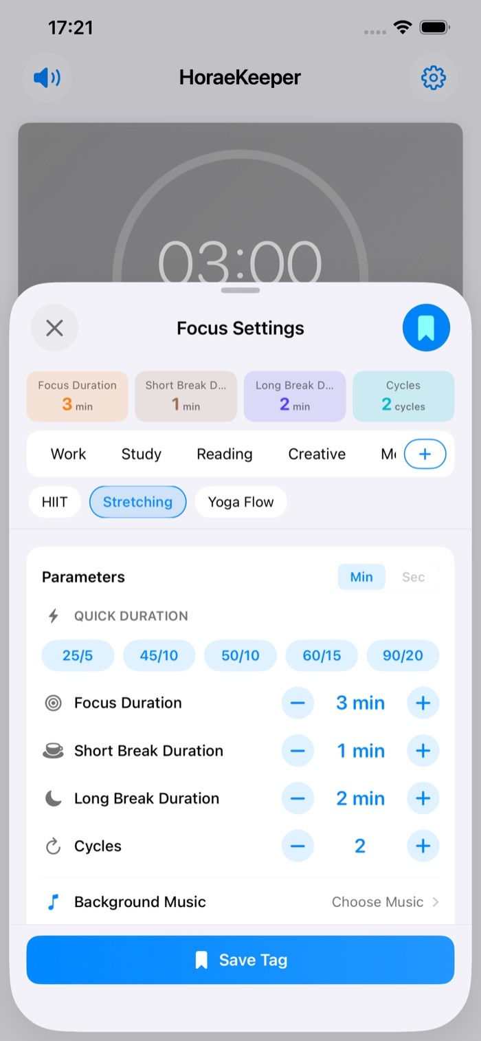 Pomodoro focus presets